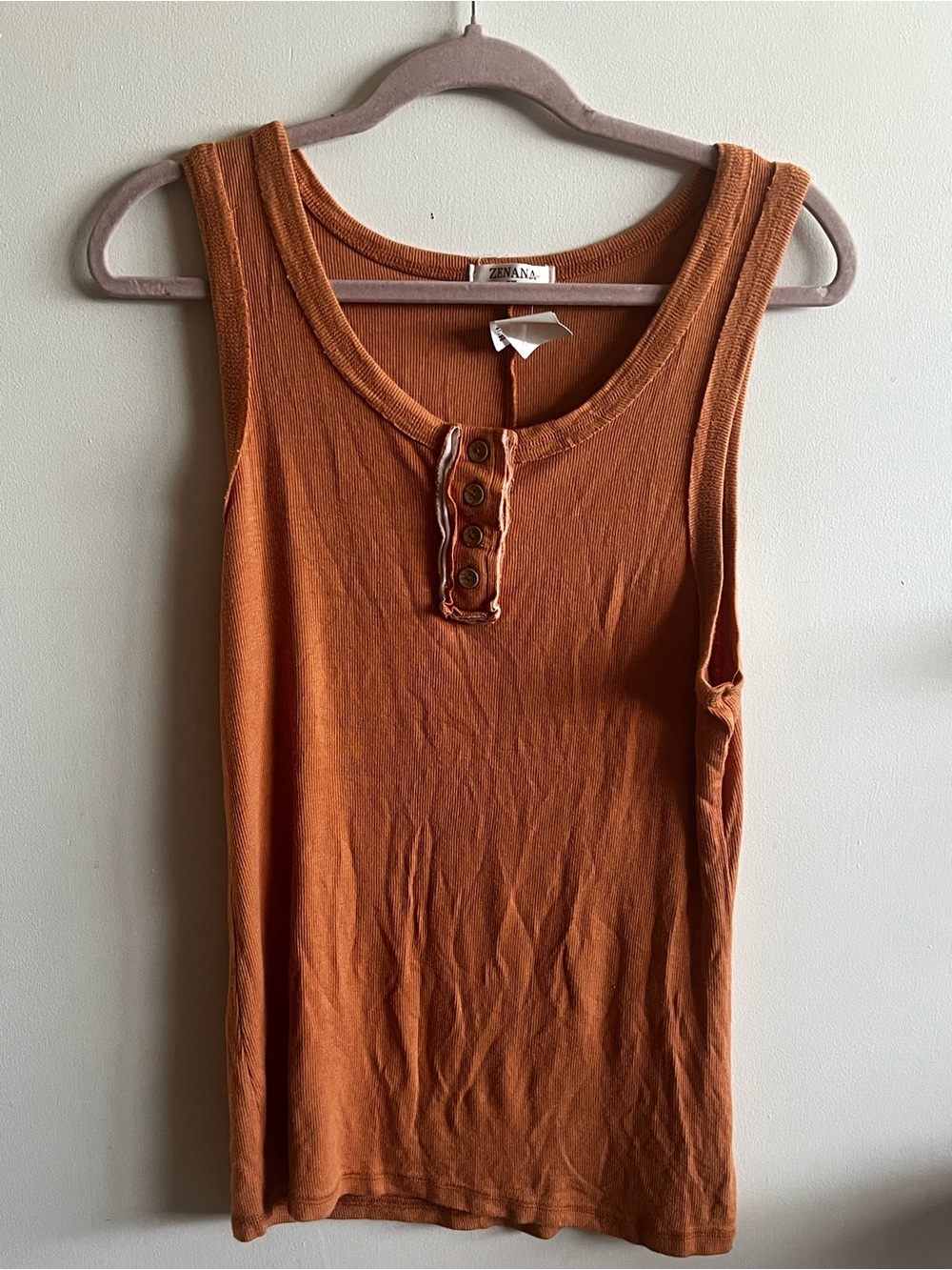 Zena Rust Orange Scoop Neck Tank with Button Placket